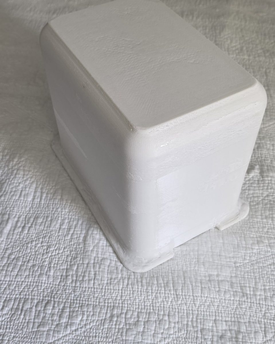 Underside of the finished boat storage box just off the 3D printer, printed in UV-stable white ASA