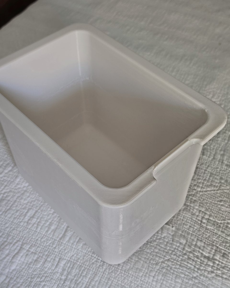 New custom replacement boat storage box printed in white ASA, with a flanged rim and a notch cut to clear the hatch latch